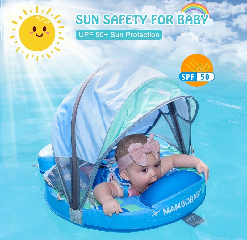 AnjeeIOT Mambobaby Float with Canopy Non Inflatable Baby Pool Float Upgraded Tail Toddler Baby Float with Removable Sun Canopy Safety Swim Float No Flip Over for Age 3-24 Months, Earth Blue - Image 5